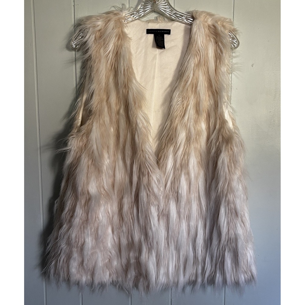 Grace Elements Womens Size L Faux Fur Vest Cream & Tan Shaggy Long Fur